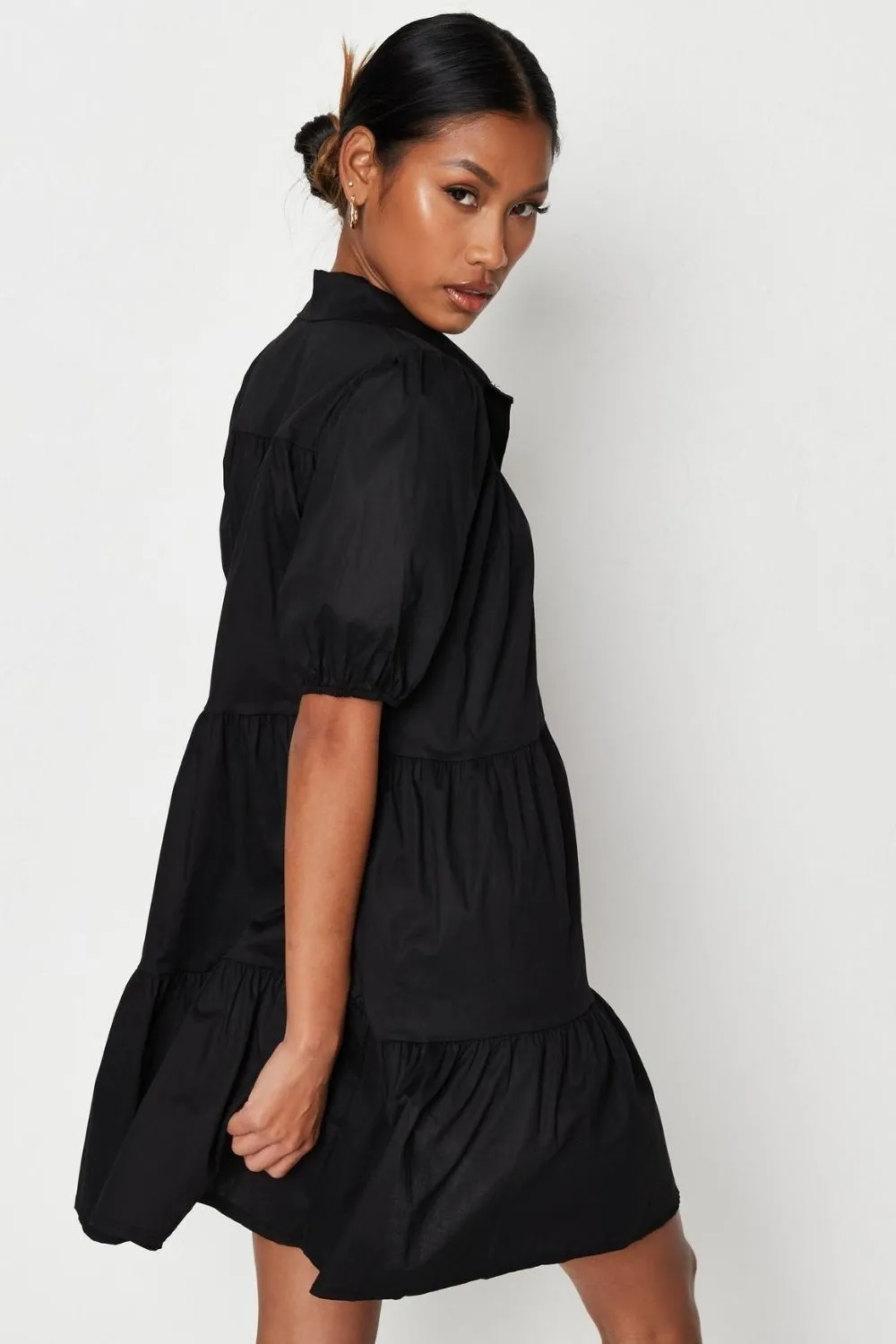 Button Open Front Ruffled Black Dress