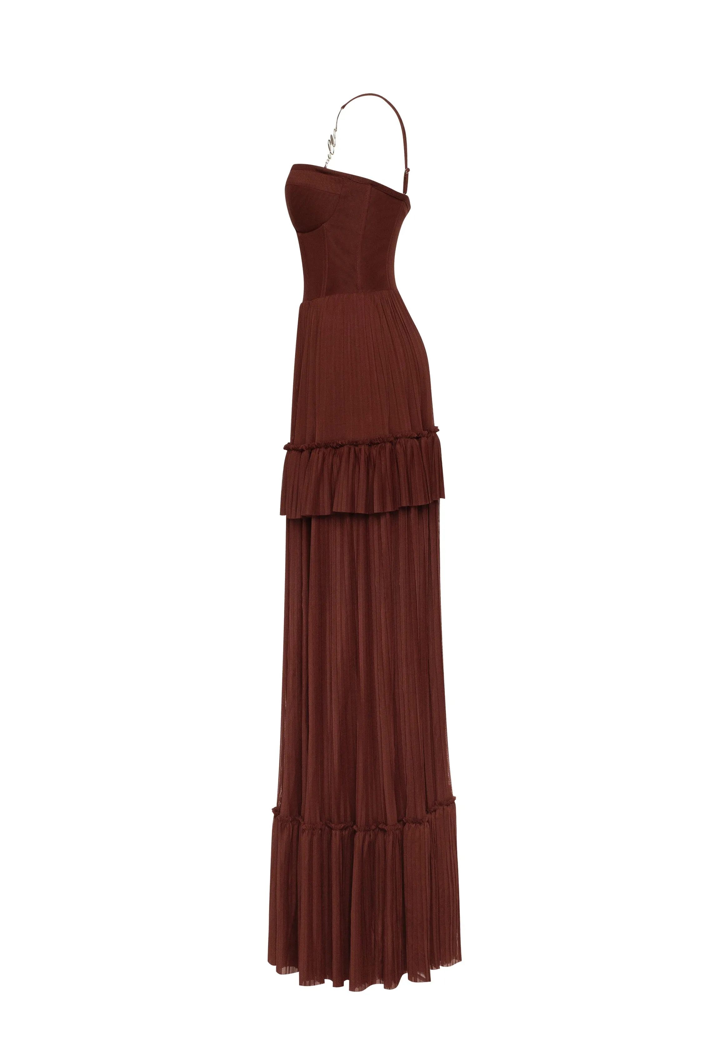 Chocolate spaghetti strap pleated maxi dress, Garden of Eden