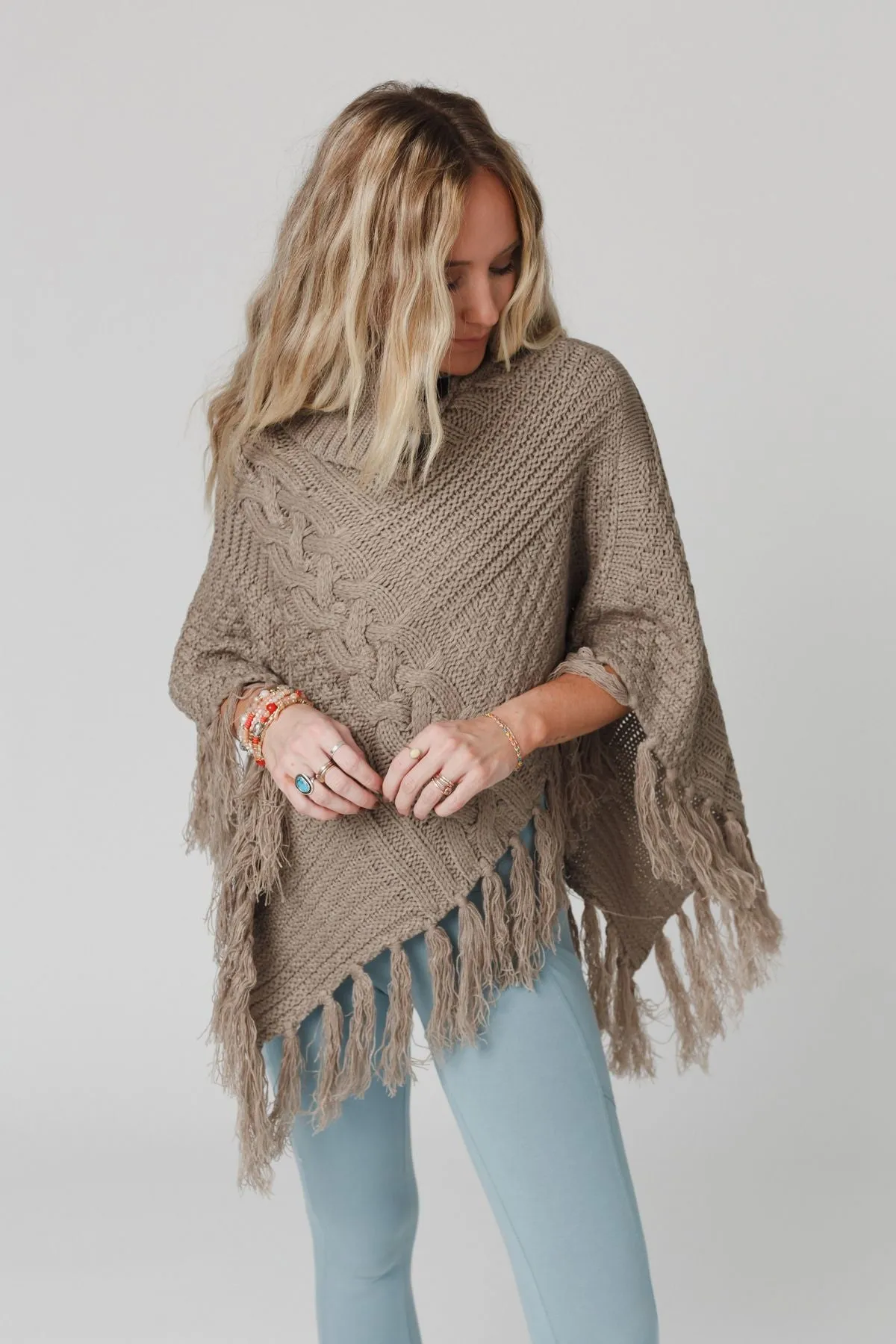 Cozy Cabin Turtleneck Poncho - Mocha