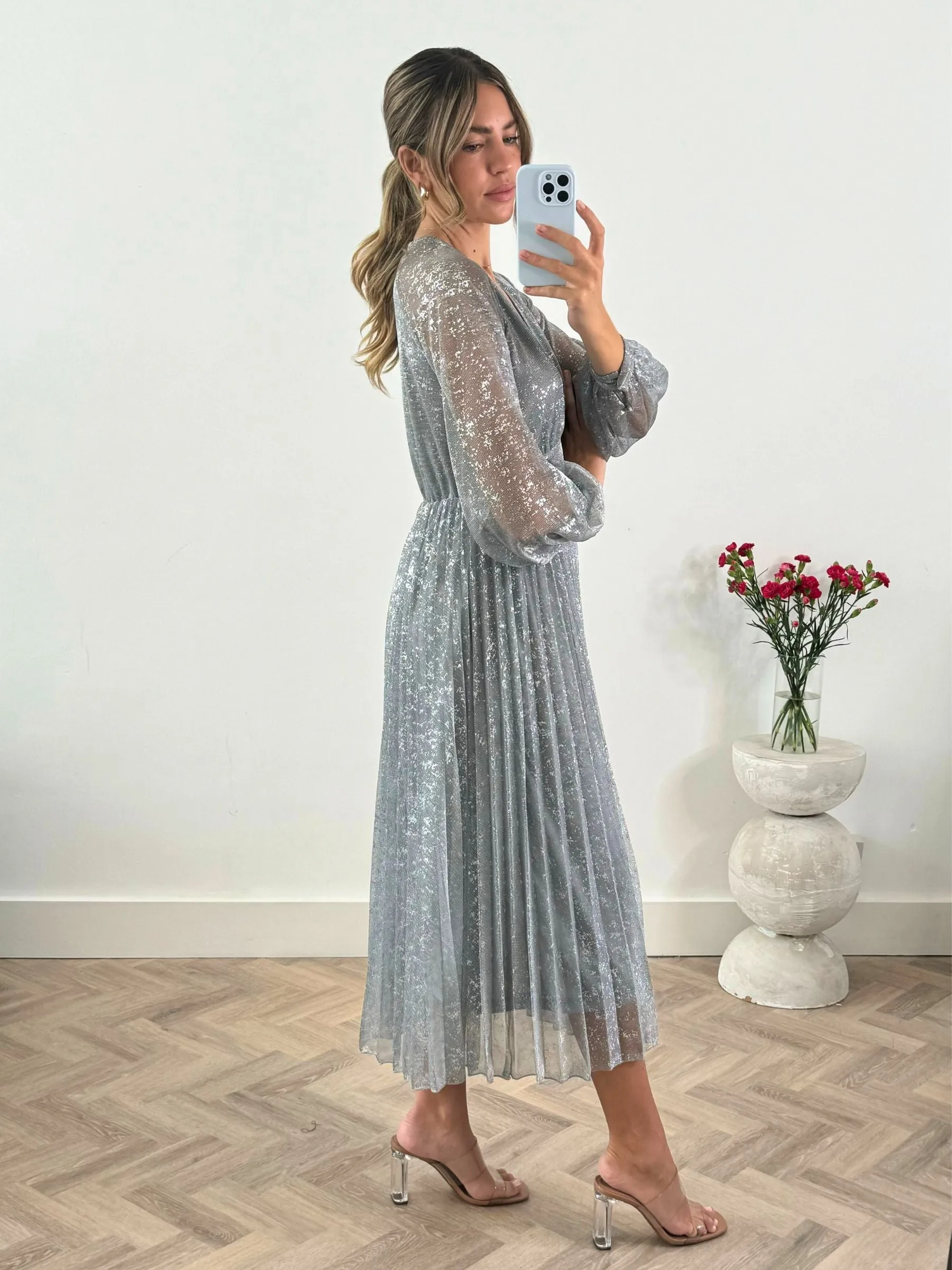 Dannica Pleated Balloon Sleeve Maxi Dress / Silver