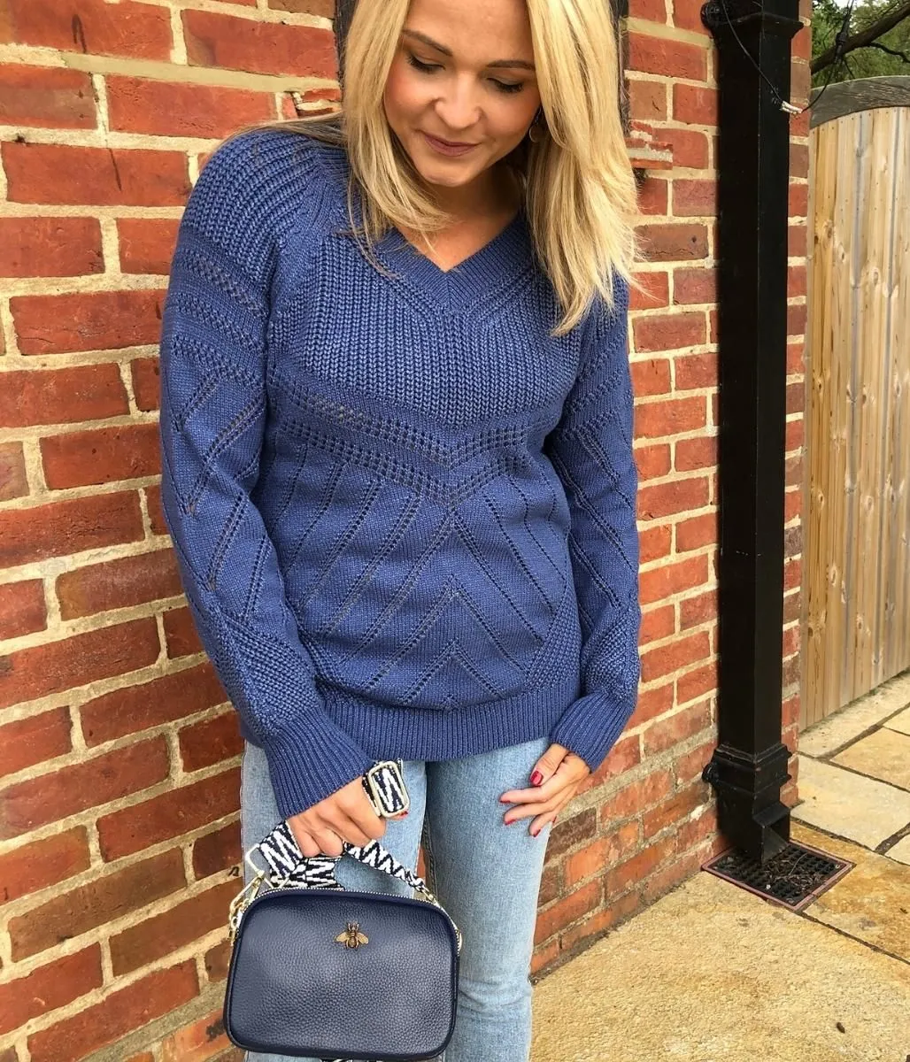 Denim Blue Cotton Rich Textured Jumper