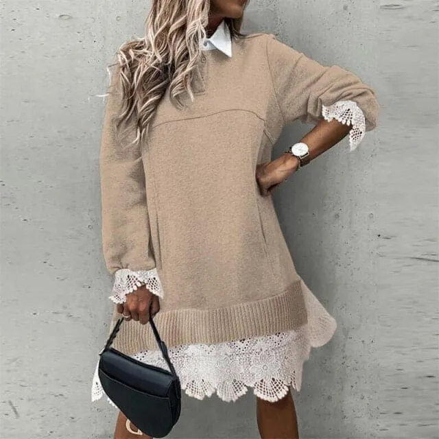 DressBetty - Women Dress Spring Autumn Ruffle Patchwork Lady Mini Dress Casual Long Sleeve Shirt Dresses Elegant Turn Down Collar Dresses