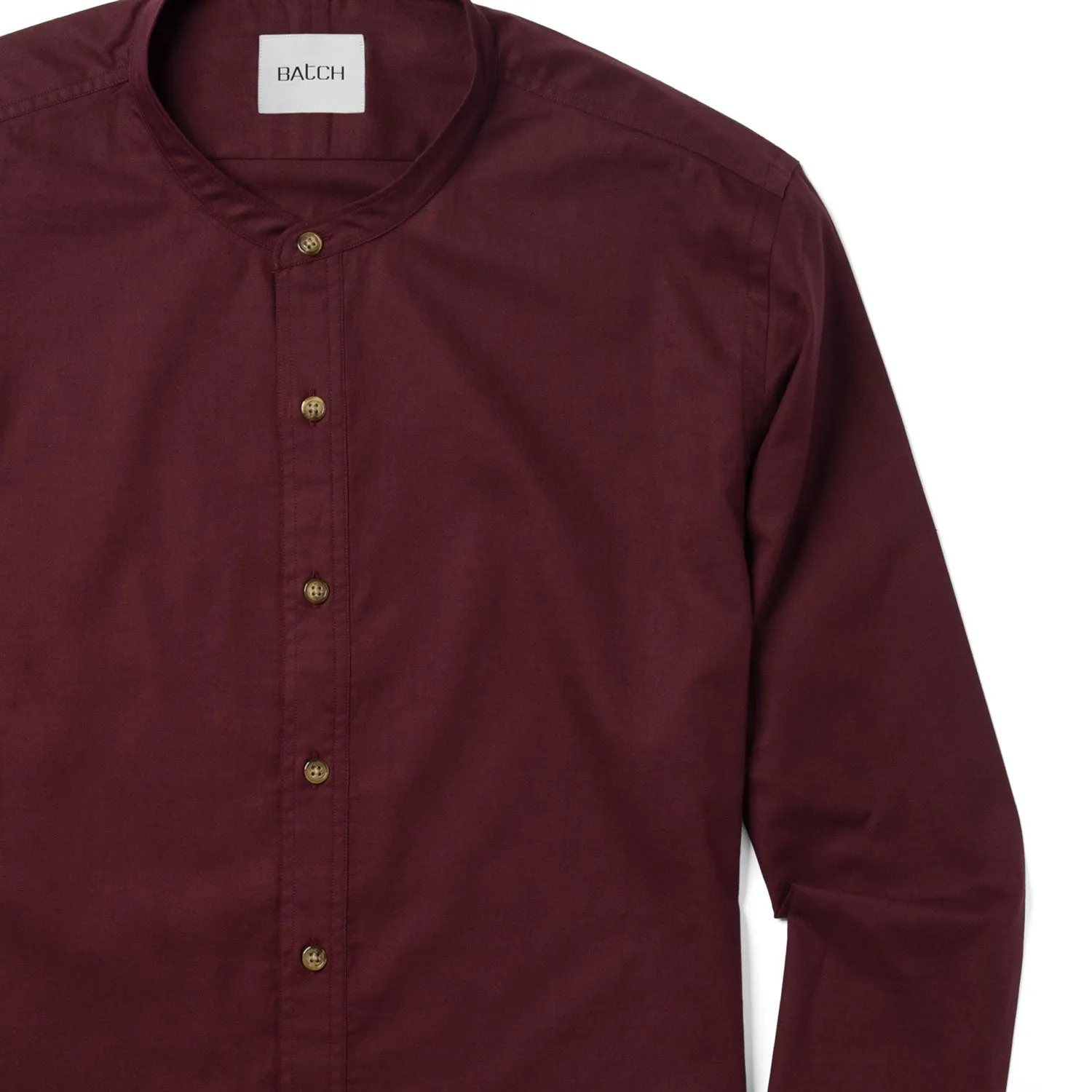 Essential Band Collar Button Down Shirt - Dark Burgundy Cotton Twill