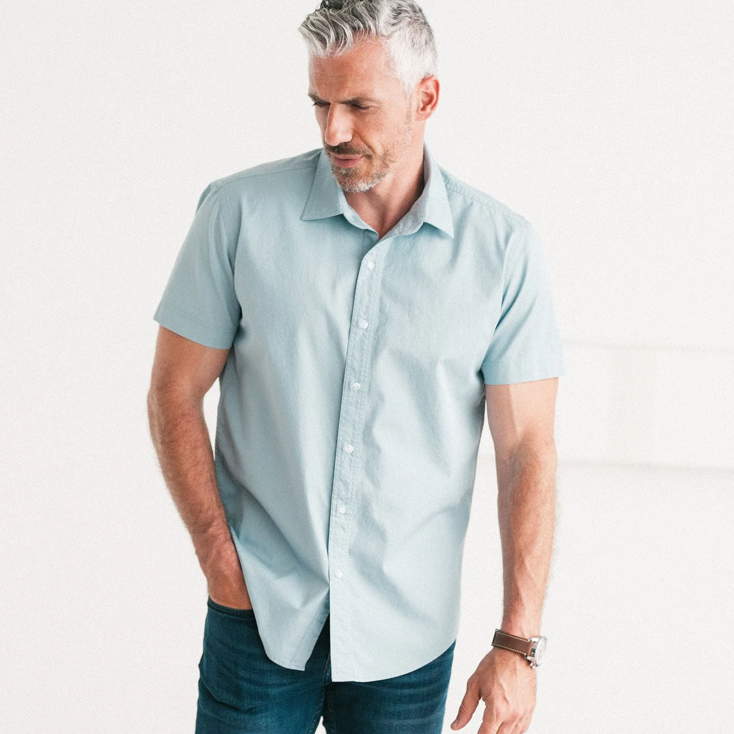 Essential Spread Collar Casual Short Sleeve Shirt - Light Blue Cotton Twill