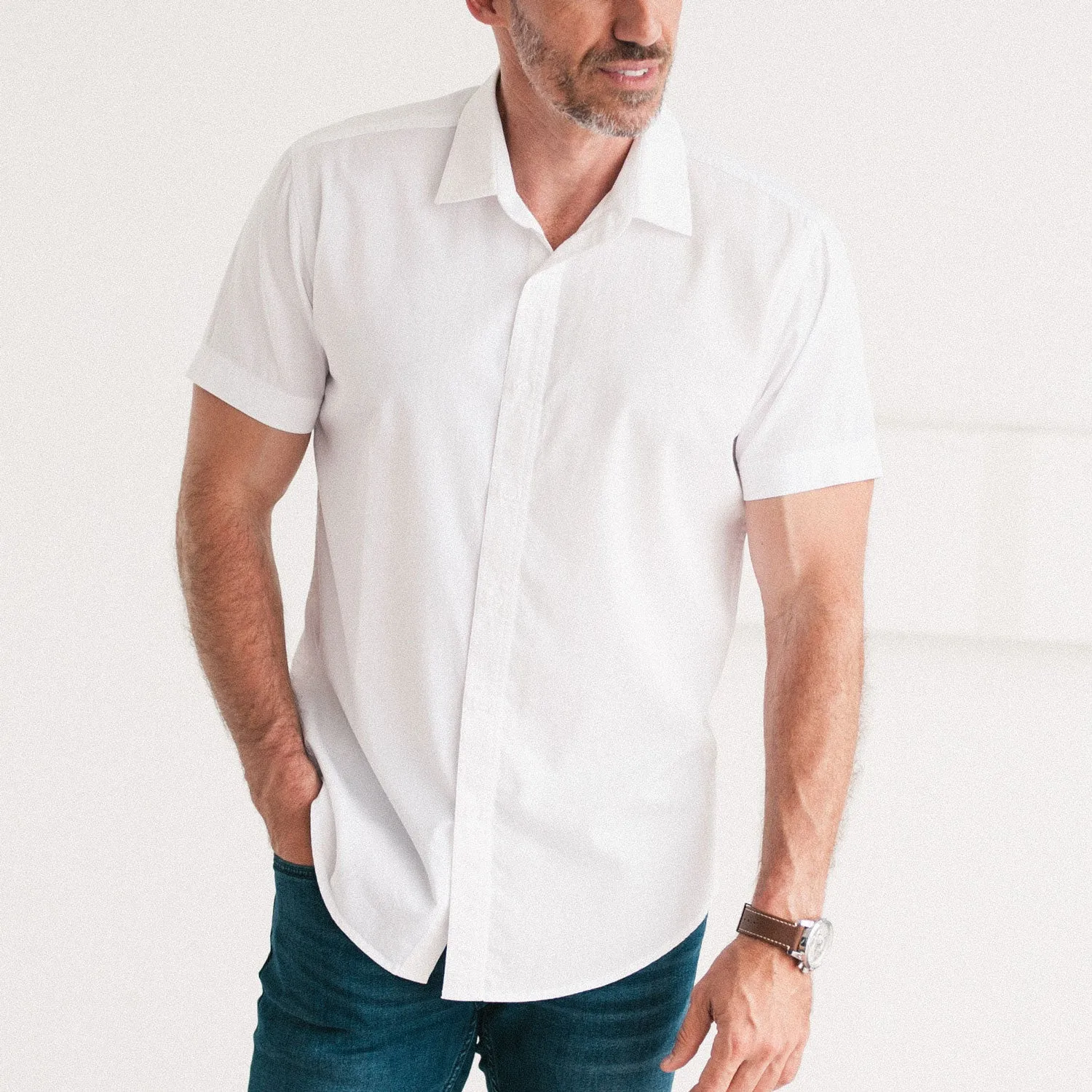 Essential Spread Collar Casual Short Sleeve Shirt - White Cotton Twill