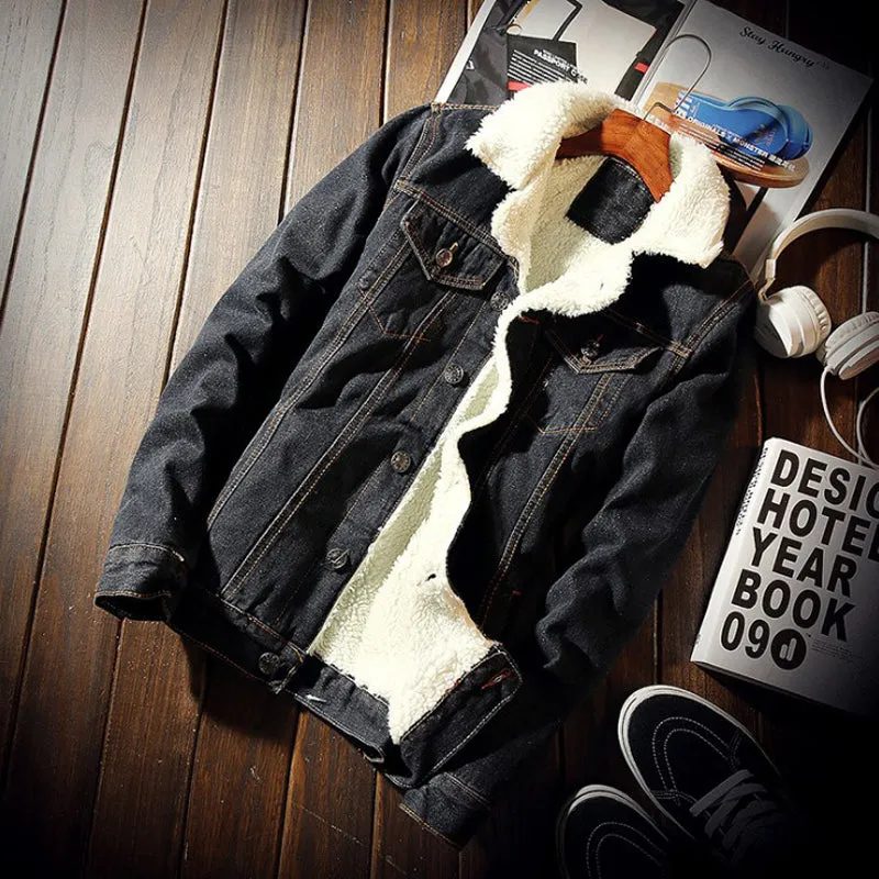 Fashion Men'S Trendy Warm Fleece Denim Jacket