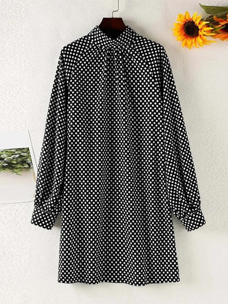 Fashion OL Bohemian Dress Summer Women Puff Sleeve Sundress Casual Polka Dot Knee Vestido Party Holiday Turtleneck Robe