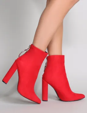 Fleek Metal Ring Ankle Boots in Red Faux Suede