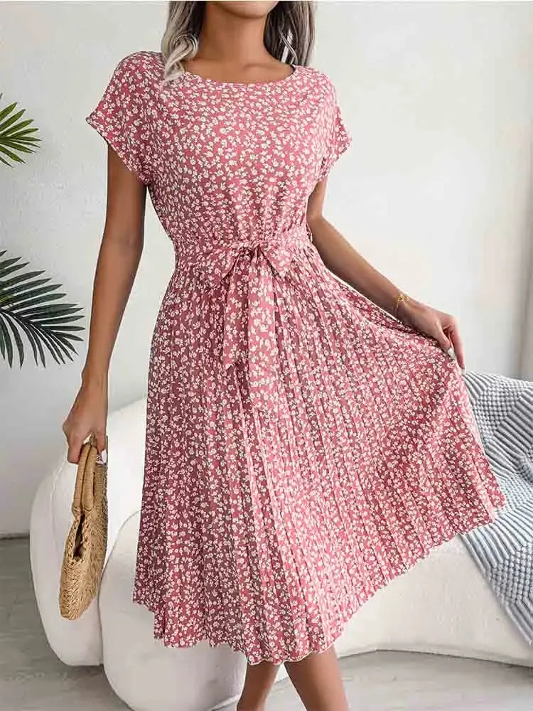 Floral Pleated A-Line Dress with Short Sleeves