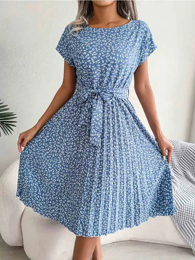 Floral Pleated A-Line Dress with Short Sleeves