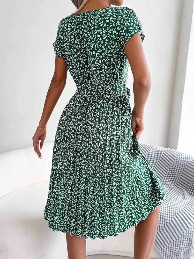 Floral Pleated A-Line Dress with Short Sleeves