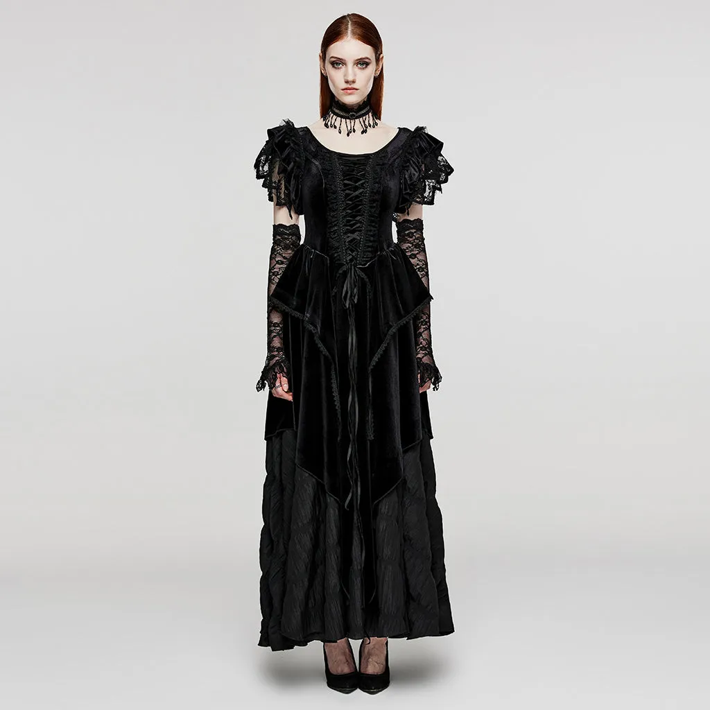 Flying Sleeve Design V-Shaped Applique Elastic Dense Velvet And Woven Pleated Fabric Goth Pointed Dress Skirt