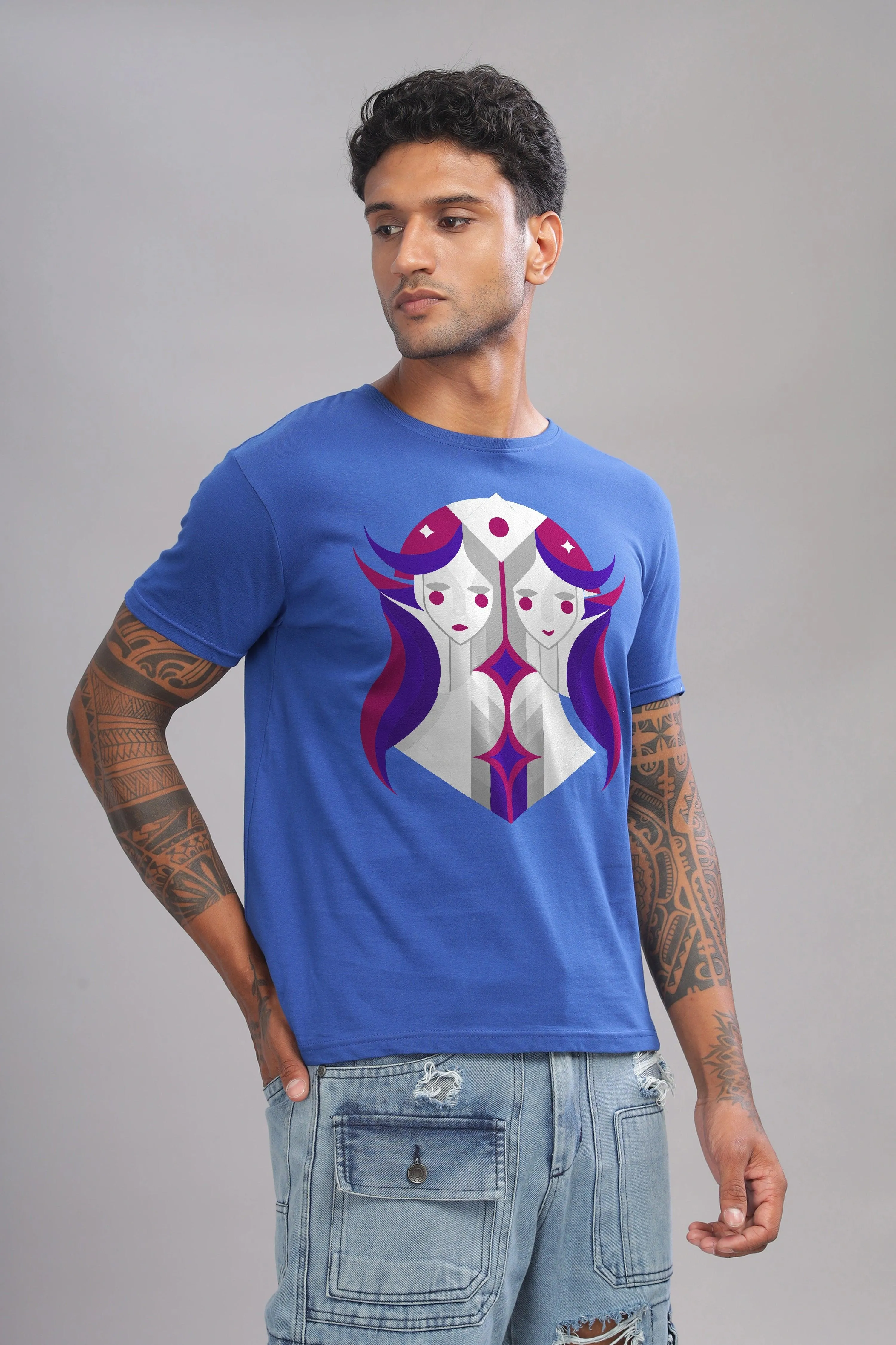 Gemini Guru Royal Blue Half Sleeve Printed Round Neck T-Shirt