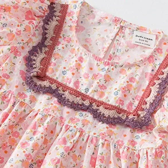 Girls Adelynn Pink Floral Embroidered Doll-Neck Dress