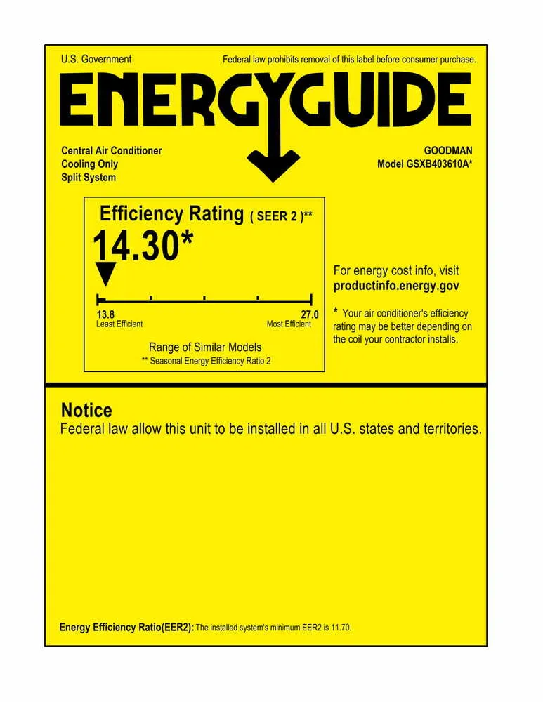 Goodman 3 Ton 14.3 SEER2 Single-Stage Air Conditioner Condenser GSXB403610