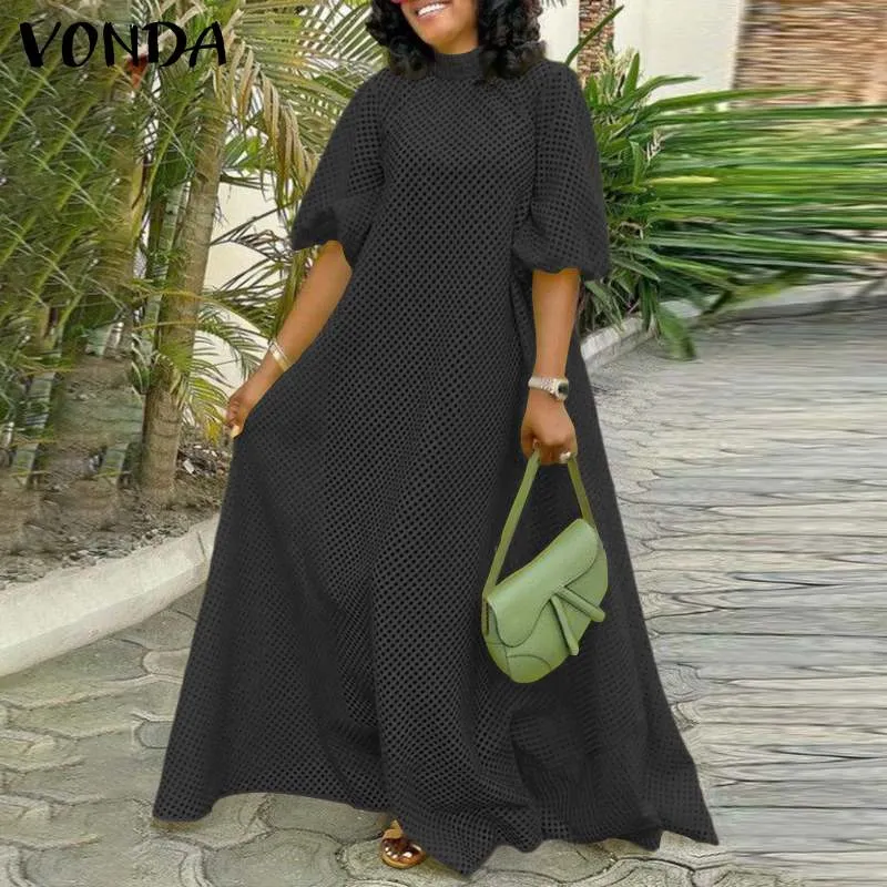 Graduation Gifts  See Through Dress Women Hollow Out Long Maxi Dresses 2021 VONDA Female Vintage Lantern Sleeve Vestido Beach Robe Femme