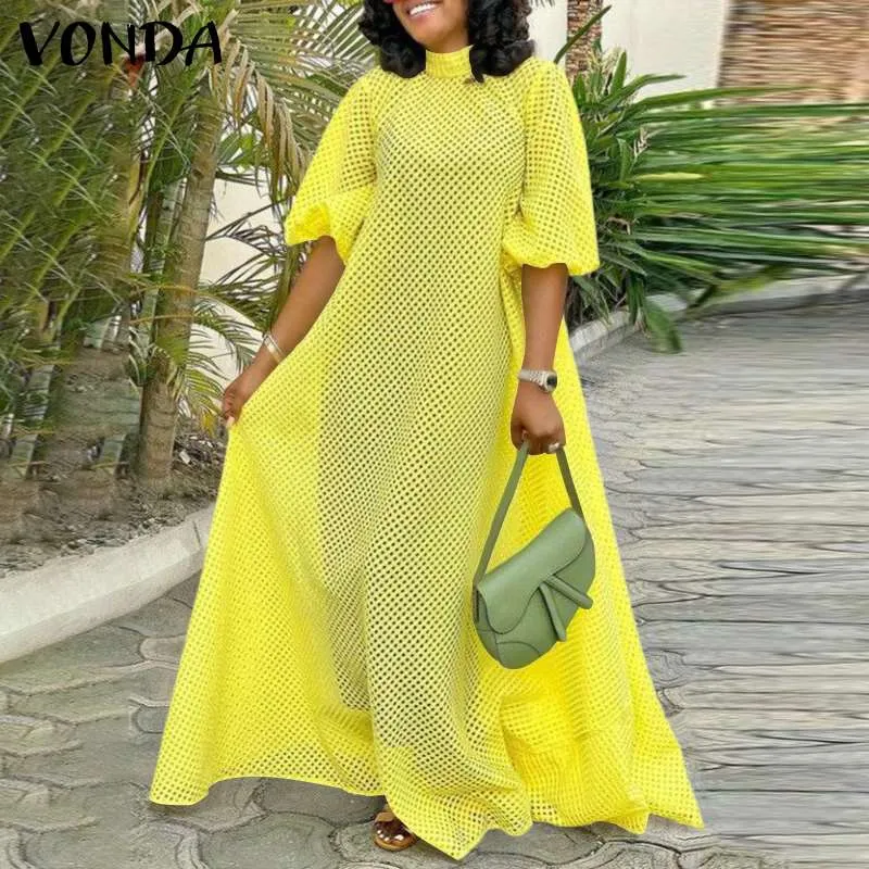 Graduation Gifts  See Through Dress Women Hollow Out Long Maxi Dresses 2021 VONDA Female Vintage Lantern Sleeve Vestido Beach Robe Femme