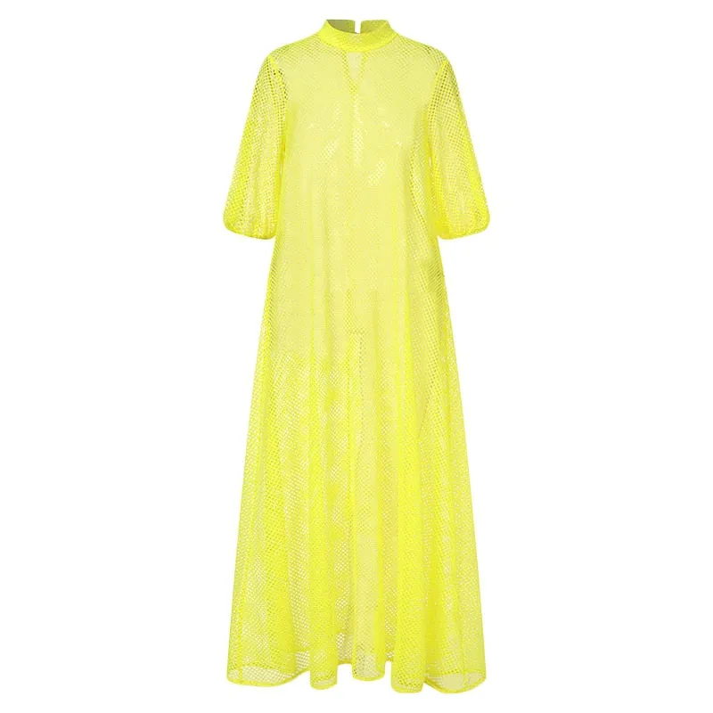 Graduation Gifts  See Through Dress Women Hollow Out Long Maxi Dresses 2021 VONDA Female Vintage Lantern Sleeve Vestido Beach Robe Femme