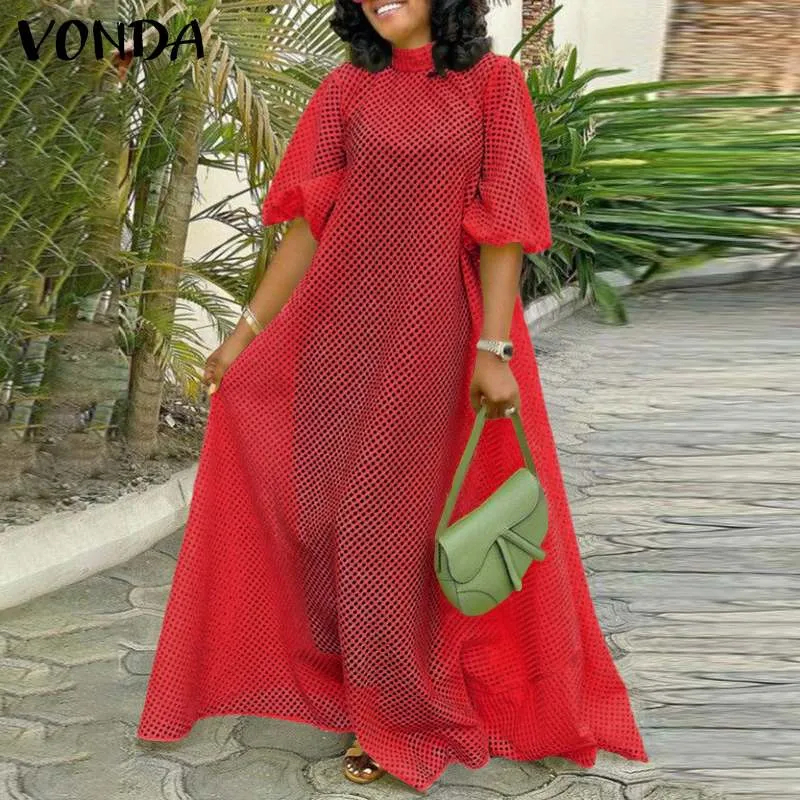 Graduation Gifts  See Through Dress Women Hollow Out Long Maxi Dresses 2021 VONDA Female Vintage Lantern Sleeve Vestido Beach Robe Femme