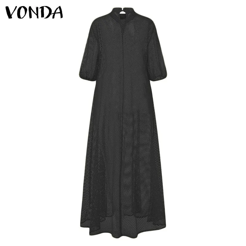 Graduation Gifts  See Through Dress Women Hollow Out Long Maxi Dresses 2021 VONDA Female Vintage Lantern Sleeve Vestido Beach Robe Femme