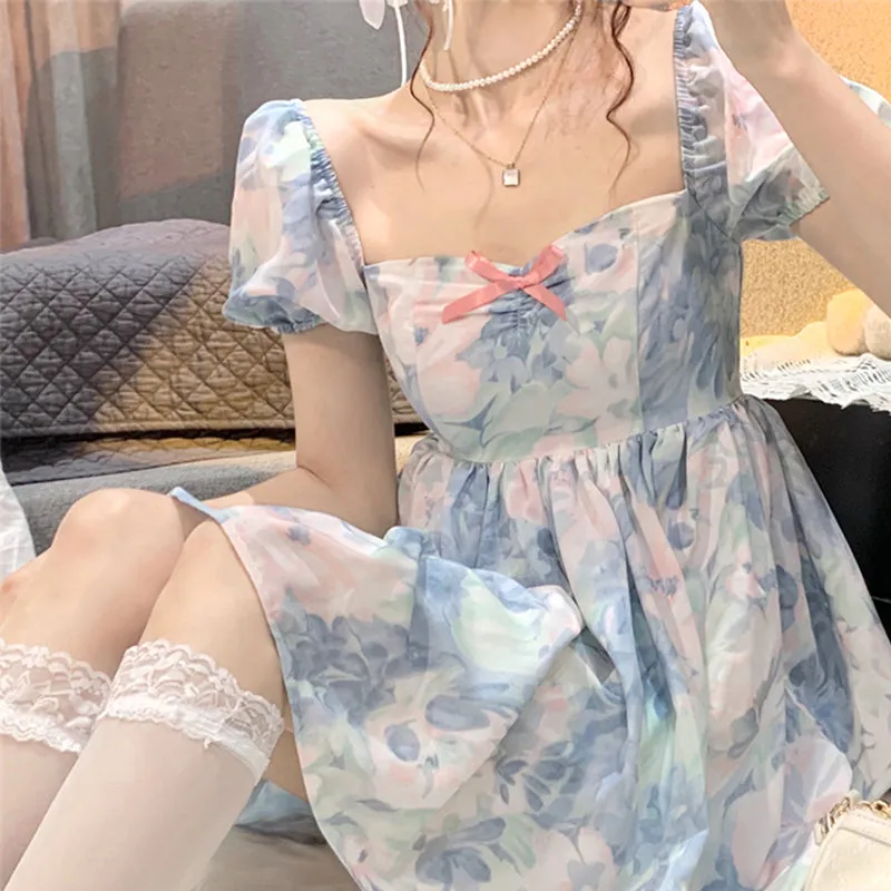 Harajuku Kawaii Fashion Fairycore Watercolor Print Babydoll Dress