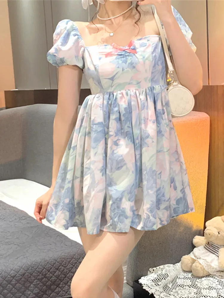 Harajuku Kawaii Fashion Fairycore Watercolor Print Babydoll Dress