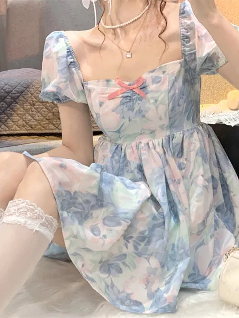 Harajuku Kawaii Fashion Fairycore Watercolor Print Babydoll Dress