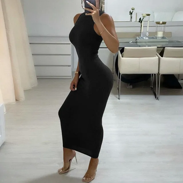 Inwoman Ribbed Knitted Summer Black White Maxi Dress Women 2021 Sexy Party Bodycon Long Dress Sundress Wrap Dresses