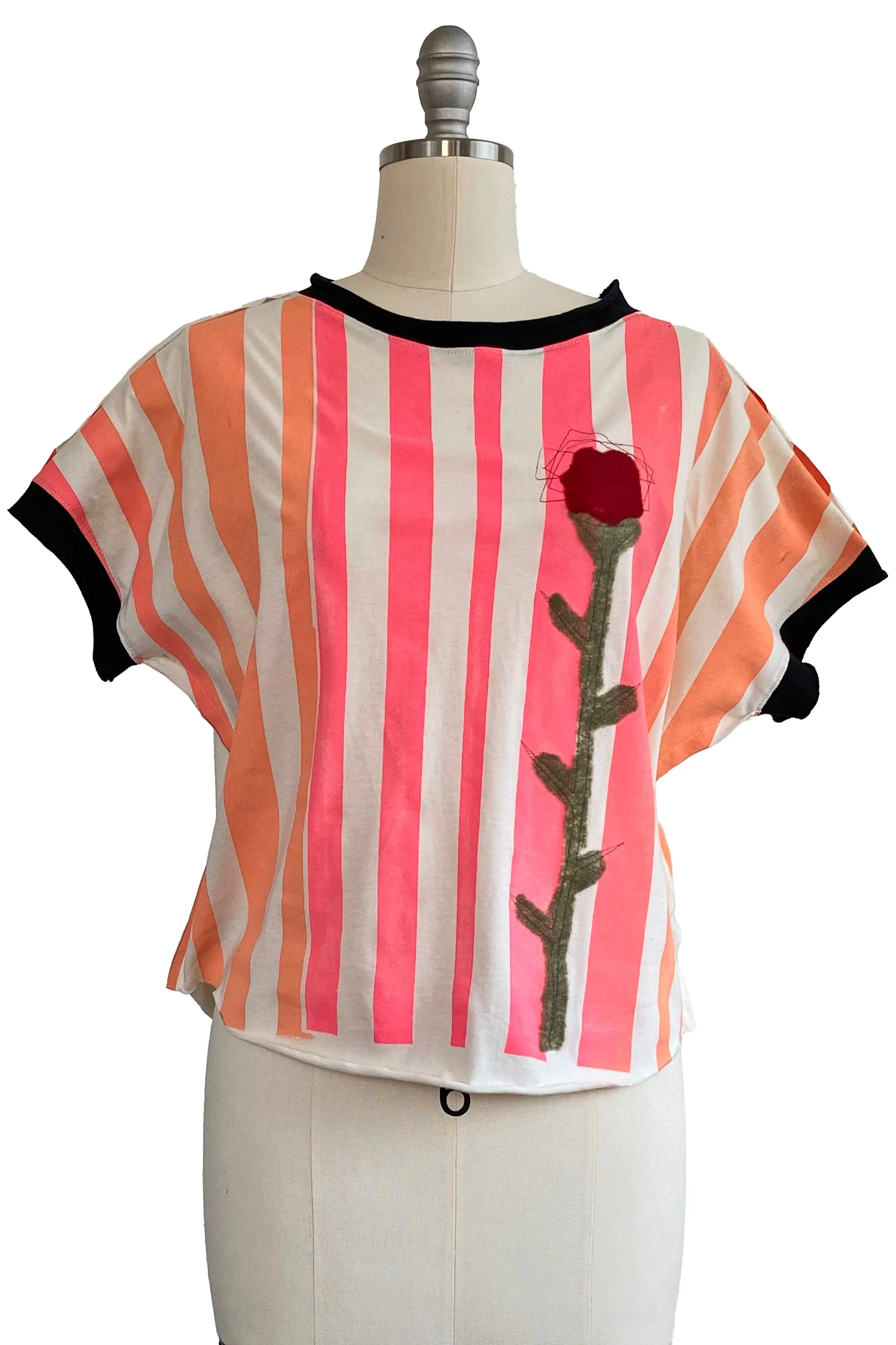 Jen Crop Top w/ Stripe & Felted Flower - White, Pink & Orange - Small