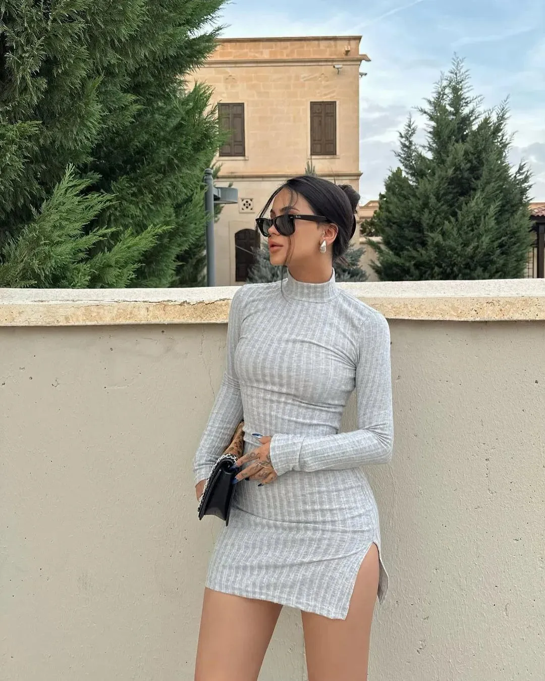 Julia Fashion - High-neck Knit Long Sleeve Slit Maxi Puss Sexy Streetwear Women's Mini Dress