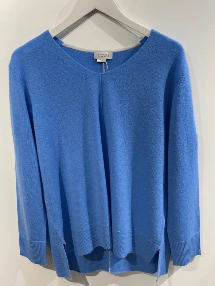 Kinross Cashmere Hi Low Vee Jumper In Azul Blue LSSC4-107