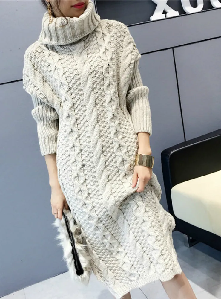 Knitted Dress Turtleneck Long Sleeve Women Warm Long Sweater Dress