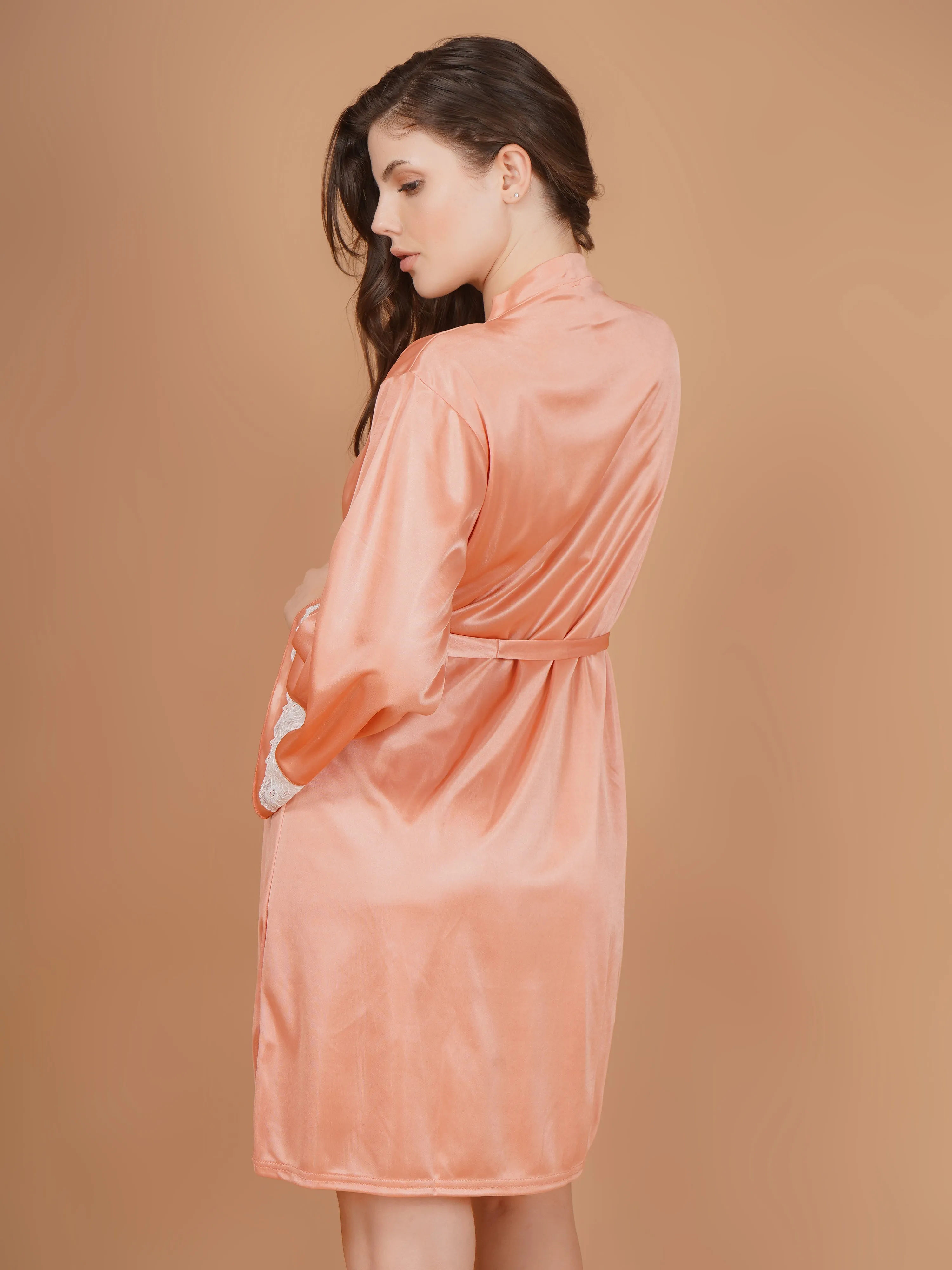 Laced sleeves Peach Satin Robe