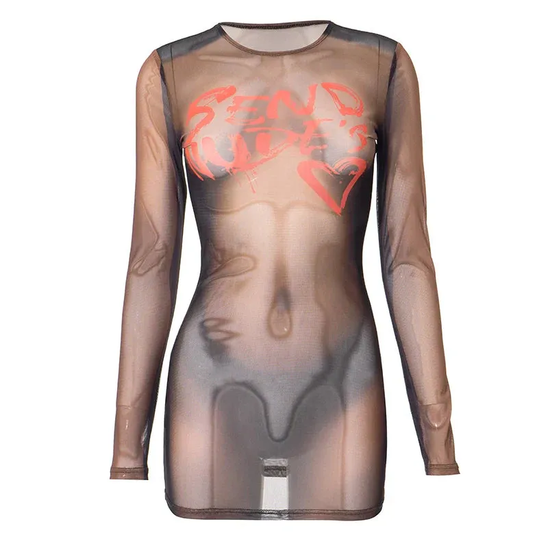 LVSANW CUTENOVA Women Black Sexy Seduce Body Print Mesh Transparent Mini Dress Sheer Pullover Wrap Hipster Lingeri Dress Party Clubwear