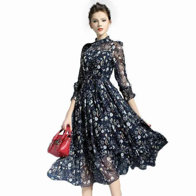 Maxi Dress For Women Sweet Ball Dresses Gown Flower Print Dresses Women Slim Elegent Vintage Silk Female Dress (US 2-14)