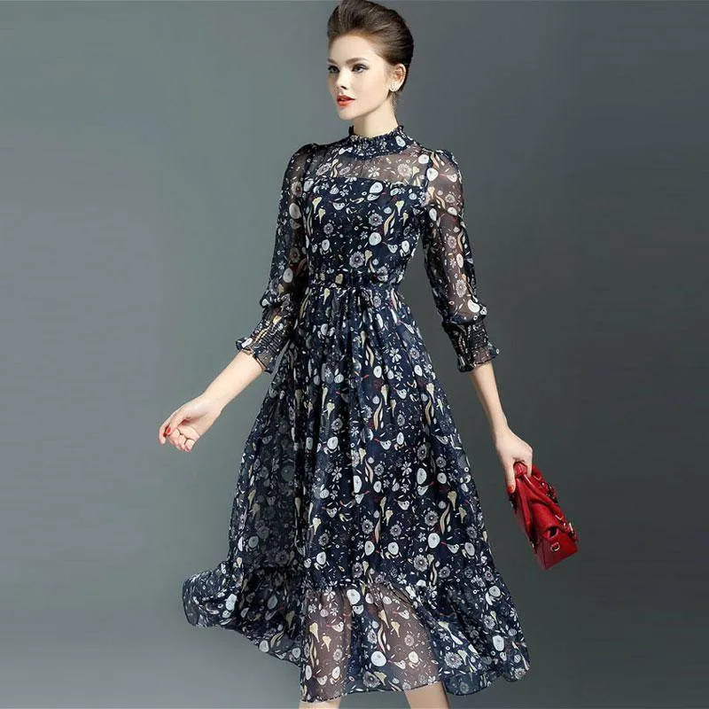 Maxi Dress For Women Sweet Ball Dresses Gown Flower Print Dresses Women Slim Elegent Vintage Silk Female Dress (US 2-14)