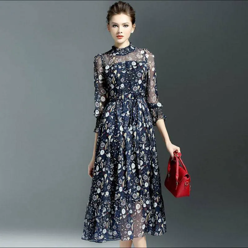 Maxi Dress For Women Sweet Ball Dresses Gown Flower Print Dresses Women Slim Elegent Vintage Silk Female Dress (US 2-14)