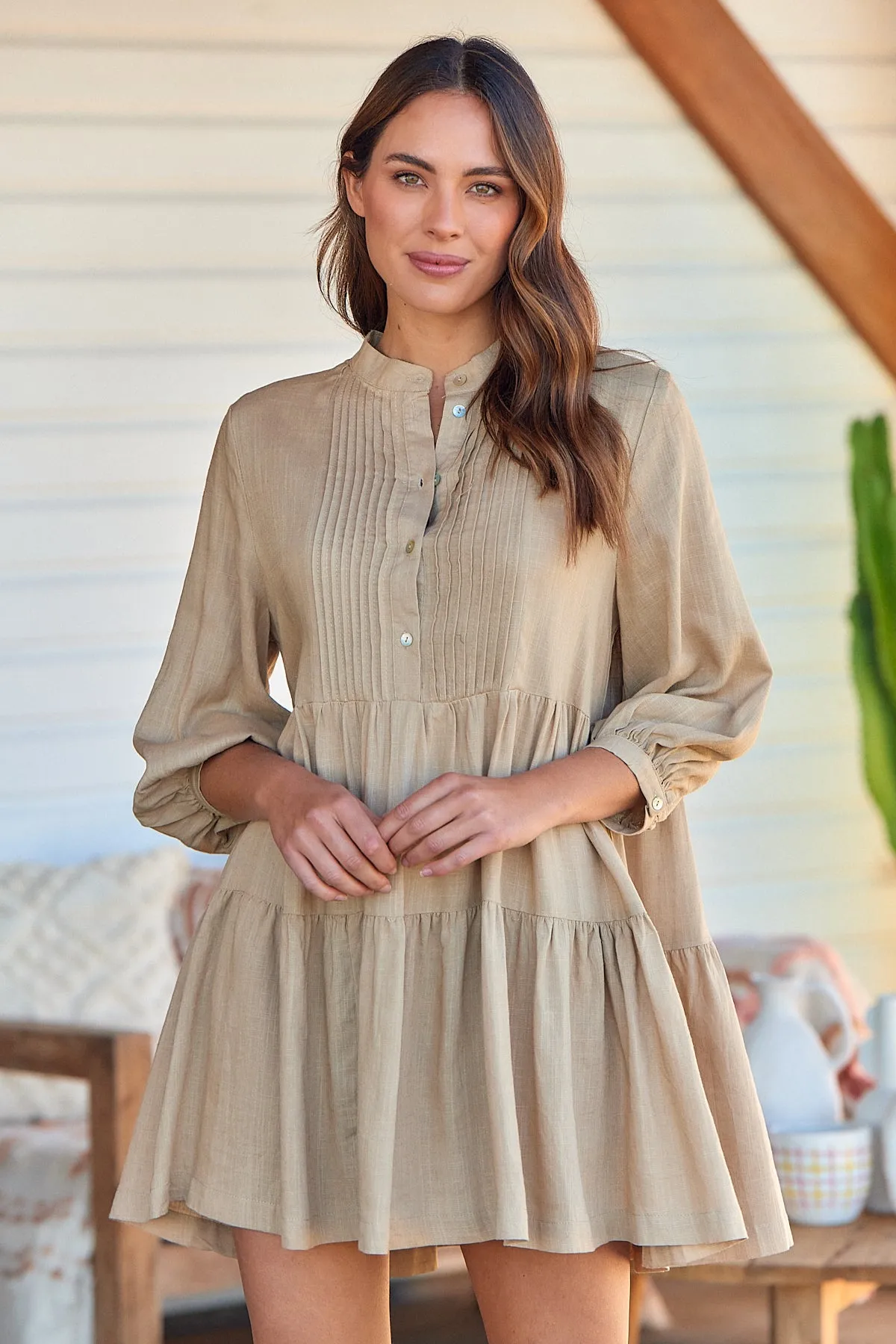 Mei Beige Long Sleeve Button Linen Dress