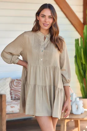 Mei Beige Long Sleeve Button Linen Dress