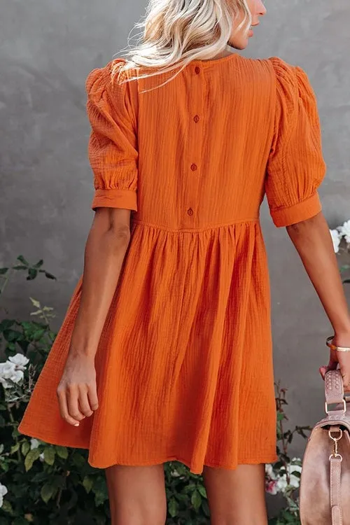 O Neck Puff Sleeve Swing Dress