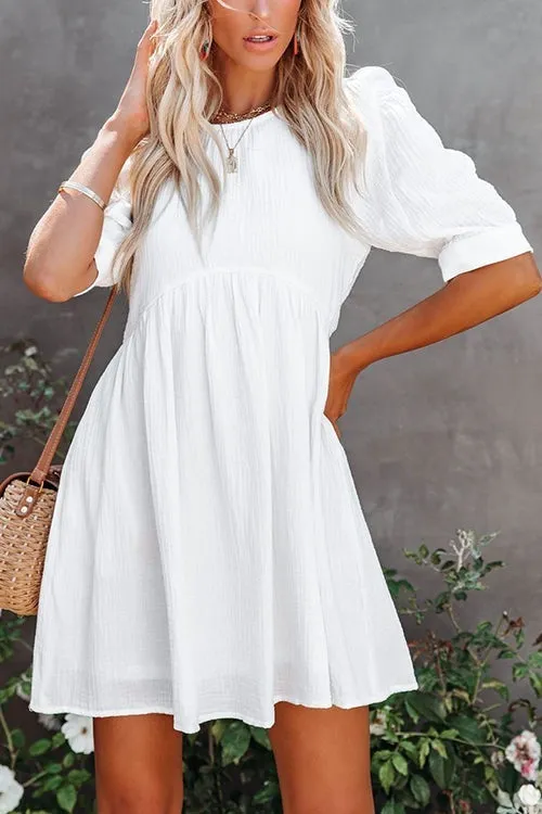 O Neck Puff Sleeve Swing Dress