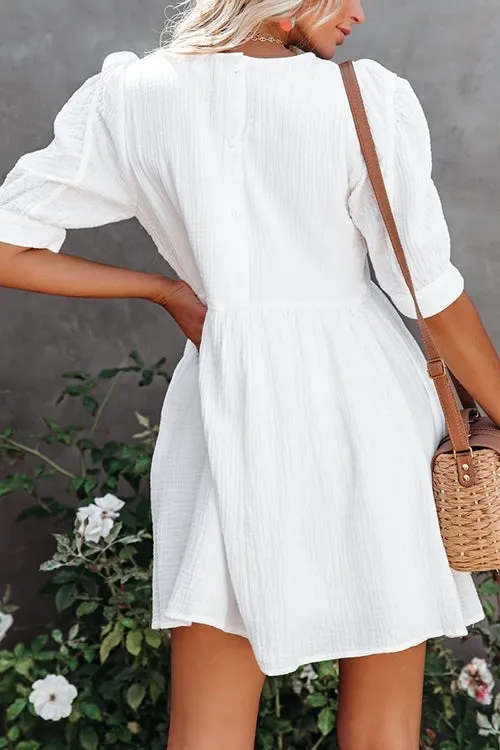 O Neck Puff Sleeve Swing Dress