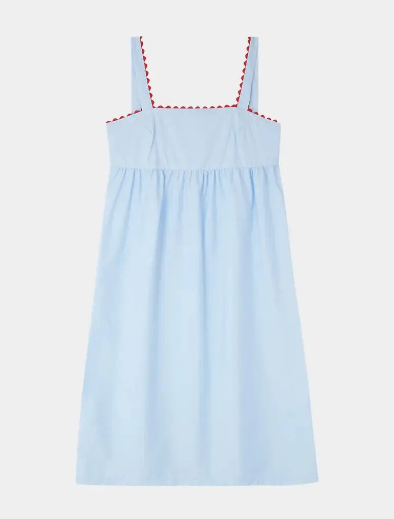 Pale Blue Midi Nightdress With Red Ric Rac - 100% Cotton Poplin