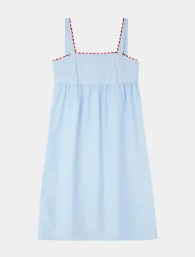 Pale Blue Midi Nightdress With Red Ric Rac - 100% Cotton Poplin