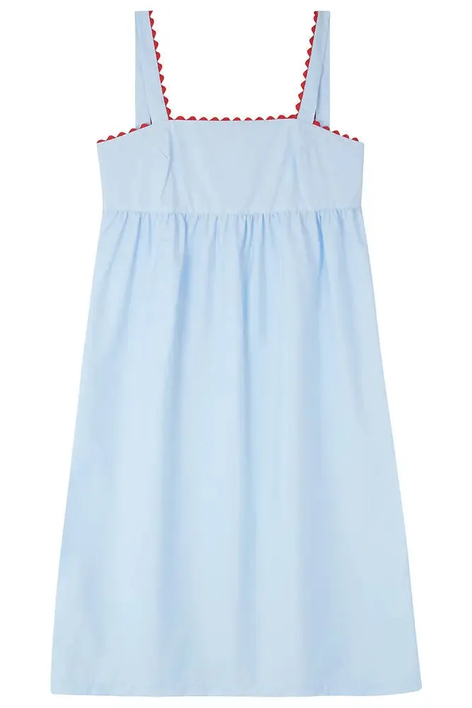 Pale Blue Midi Nightdress With Red Ric Rac - 100% Cotton Poplin