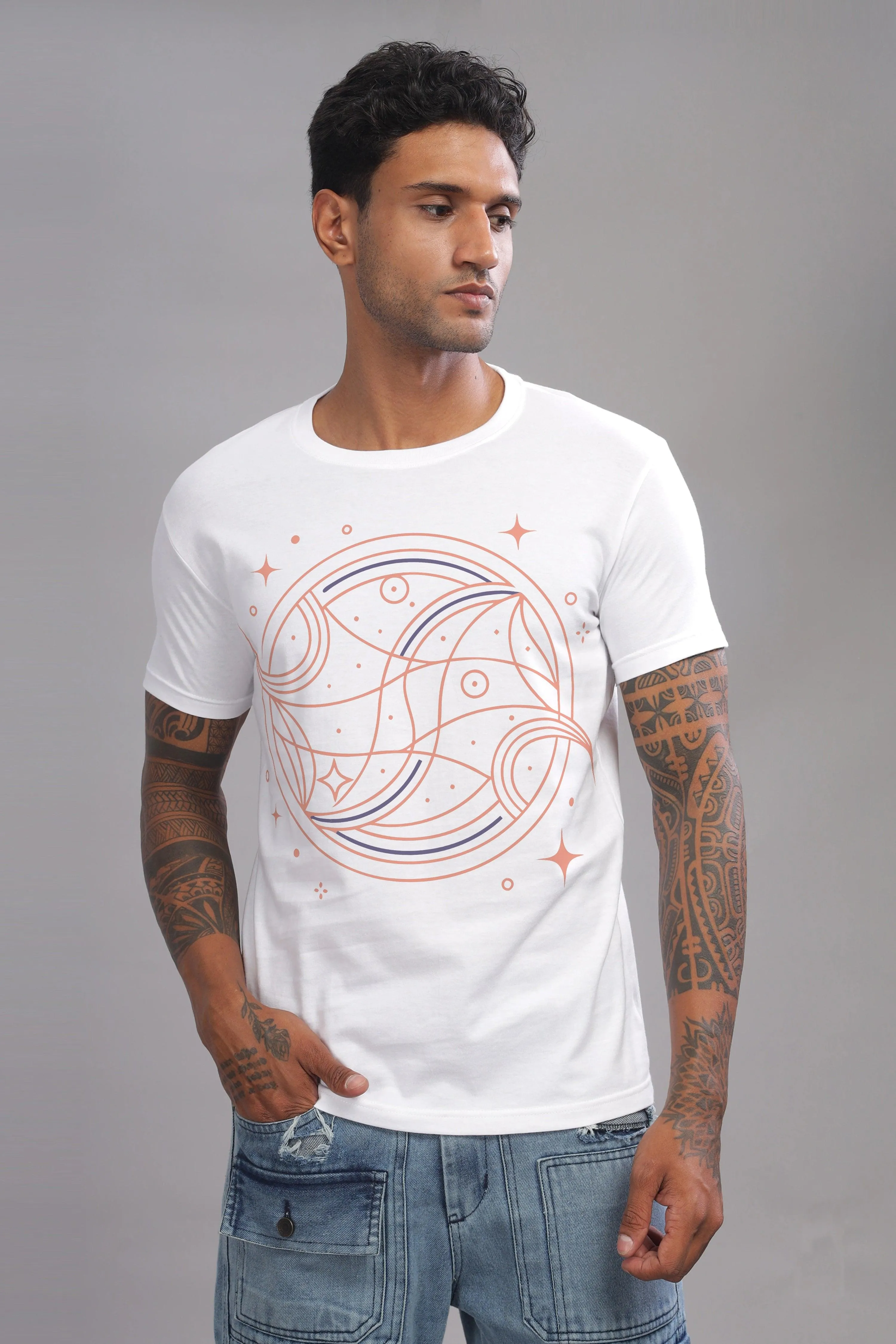 Peaceful Piscean White Half Sleeve Printed Round Neck T-Shirt