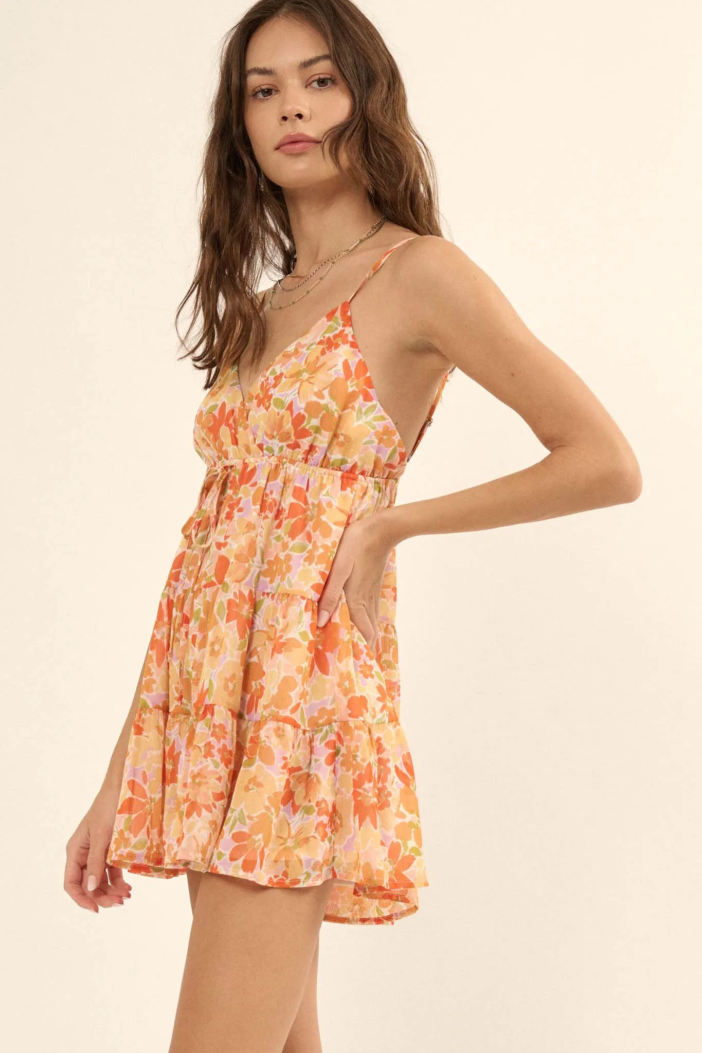 Peach Blossoms Floral Chiffon Tiered Ruffle Romper