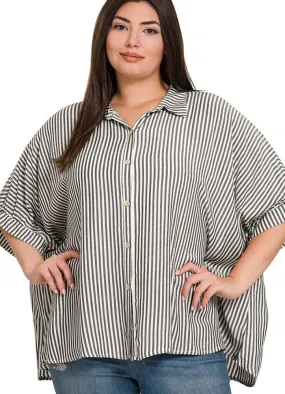 Plus Rayon Striped SS Button Up in Black by Zenana