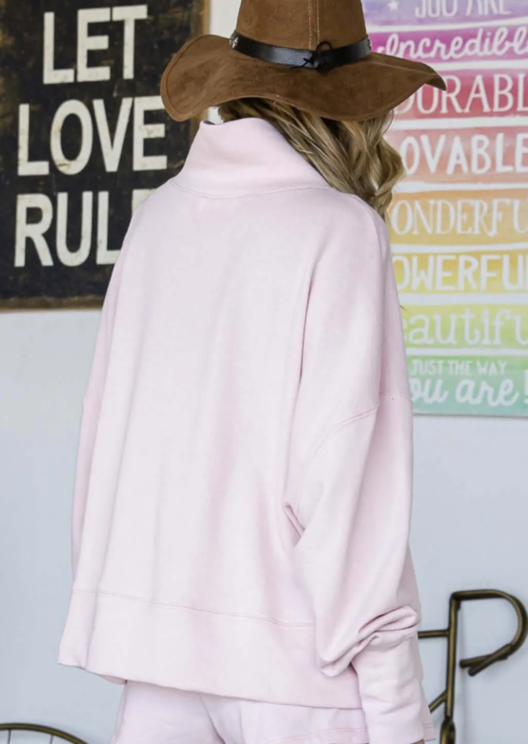 Pretty in Pink Mock Neck Cotton Terry Sweatshirt Made in USA