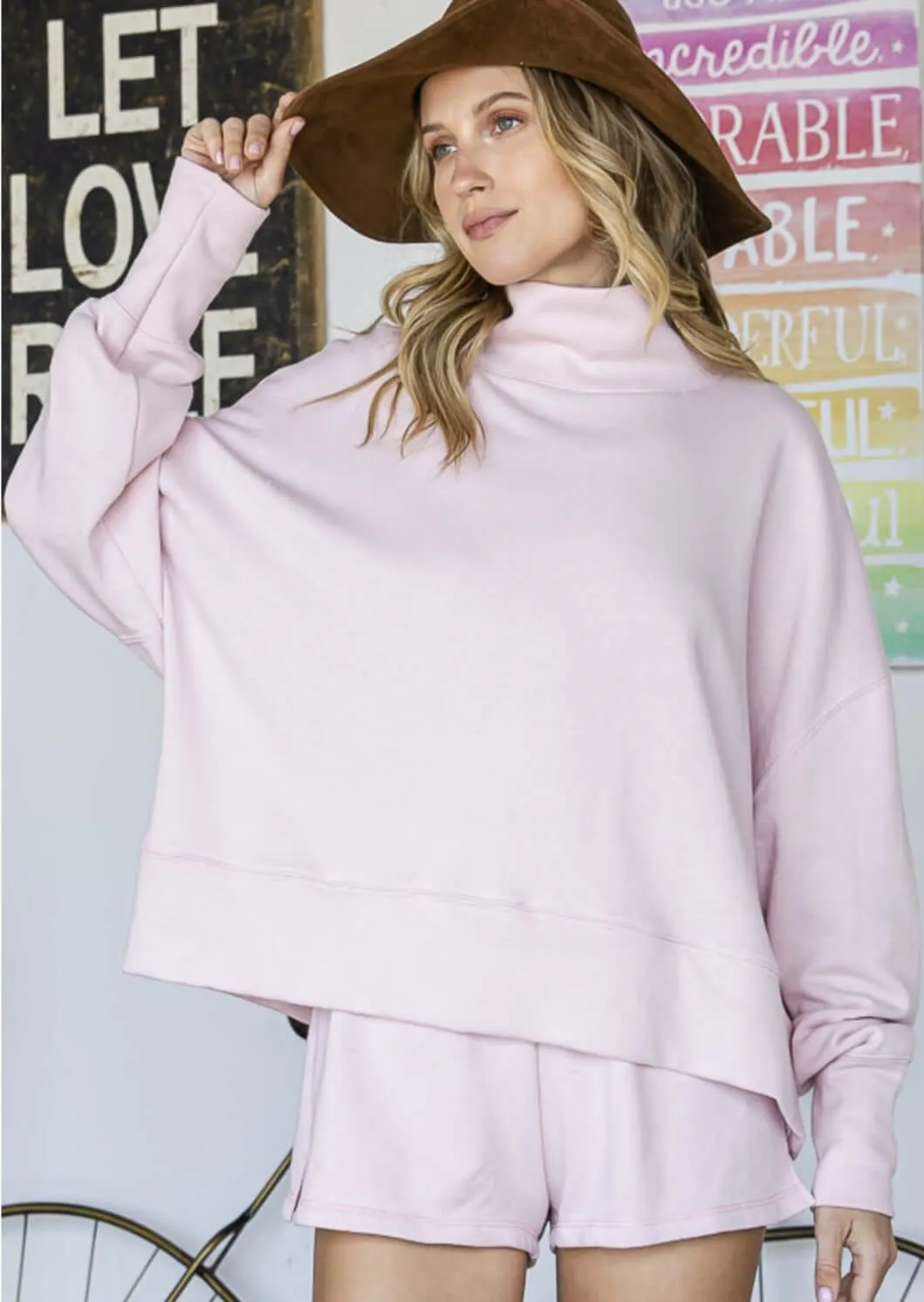 Pretty in Pink Mock Neck Cotton Terry Sweatshirt Made in USA